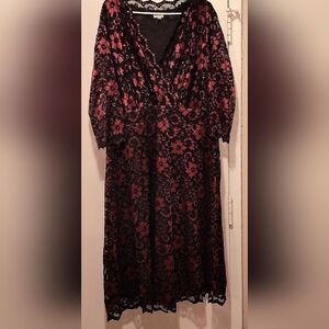Vintage Style Avenue Red And Black Lace Dress With Black Underlay Size 22/24